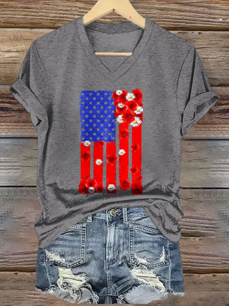 Women'S T-Shirt With National Flag Pattern Printed Pure Cotton V-Neck Short-Sleeved T-Shirt