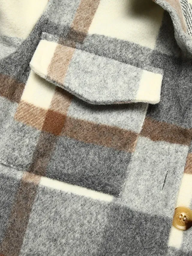 Women's Wool Blend Coat Winter Plaid Shacket Jacket Fall Long Pea Coat with Pockets Single Breasted Over Coat Trench Coat Gray Khaki Brown Modern Street S M L XL XXL / Winter