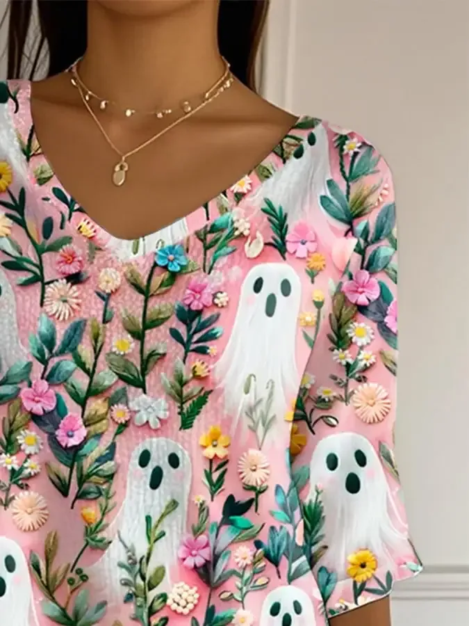 Women's Ghost Print V-Neck T-Shirt