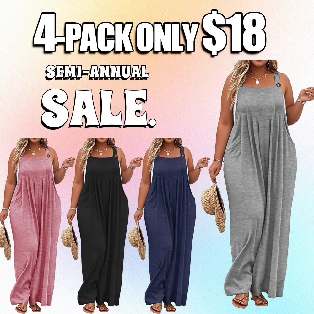 Plus Size Wide-Leg Jumpsuit with Pockets – Adjustable & Casual Fit for Summer