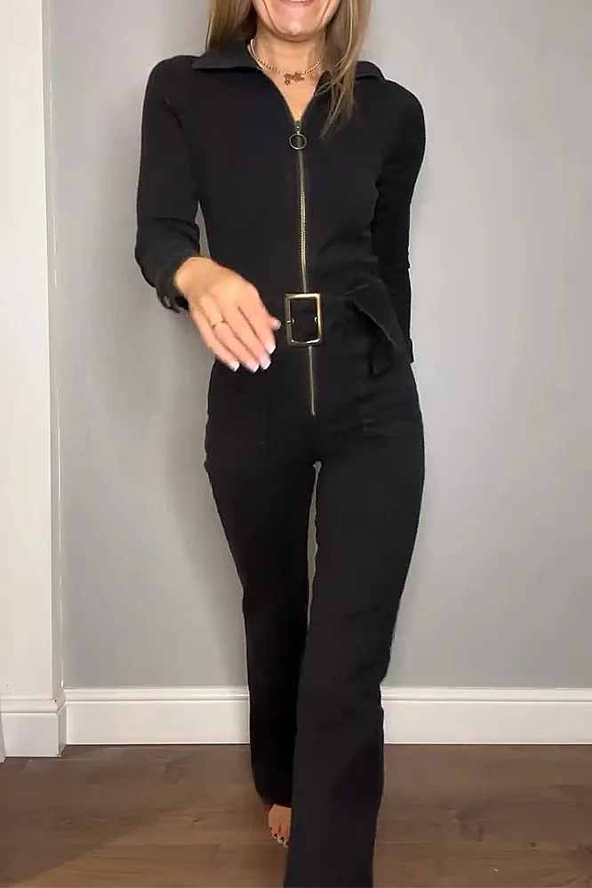 Women's solid color slim fit zipper jumpsuit