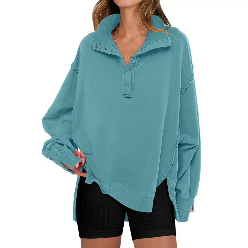Women's Sweatshirts Oversized Casual Loose Button Up Henley Pullover Top High Low Split Fall Fashion Outfits