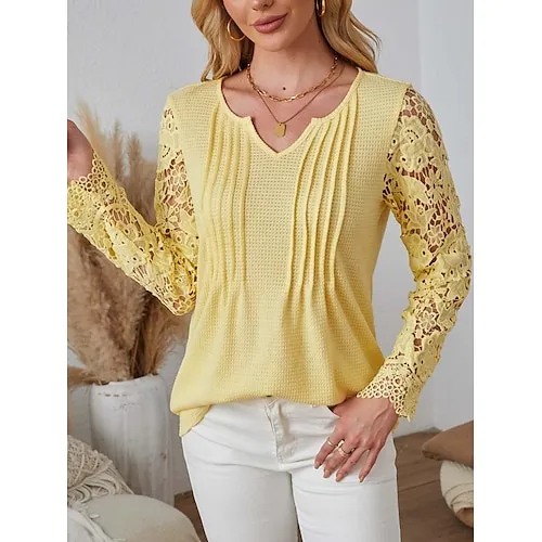 Women's Blouse Textured Ribbed Solid Color Eyelet Daily Elegant Stylish Puff Sleeve Long Sleeve