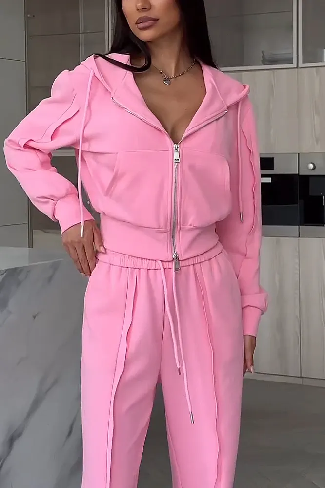 Women's Solid Color Laundry Zipper Jacket & Pants Two Piece Set