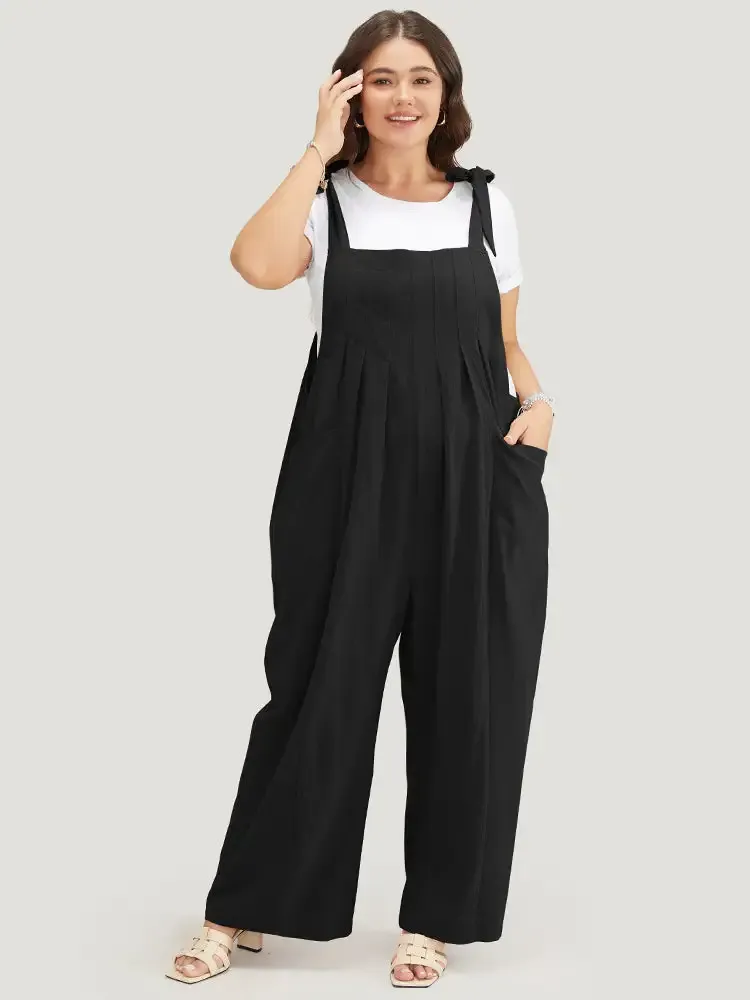 Solid Pleated Detail Pocket Knotted Shoulder Overall Jumpsuit