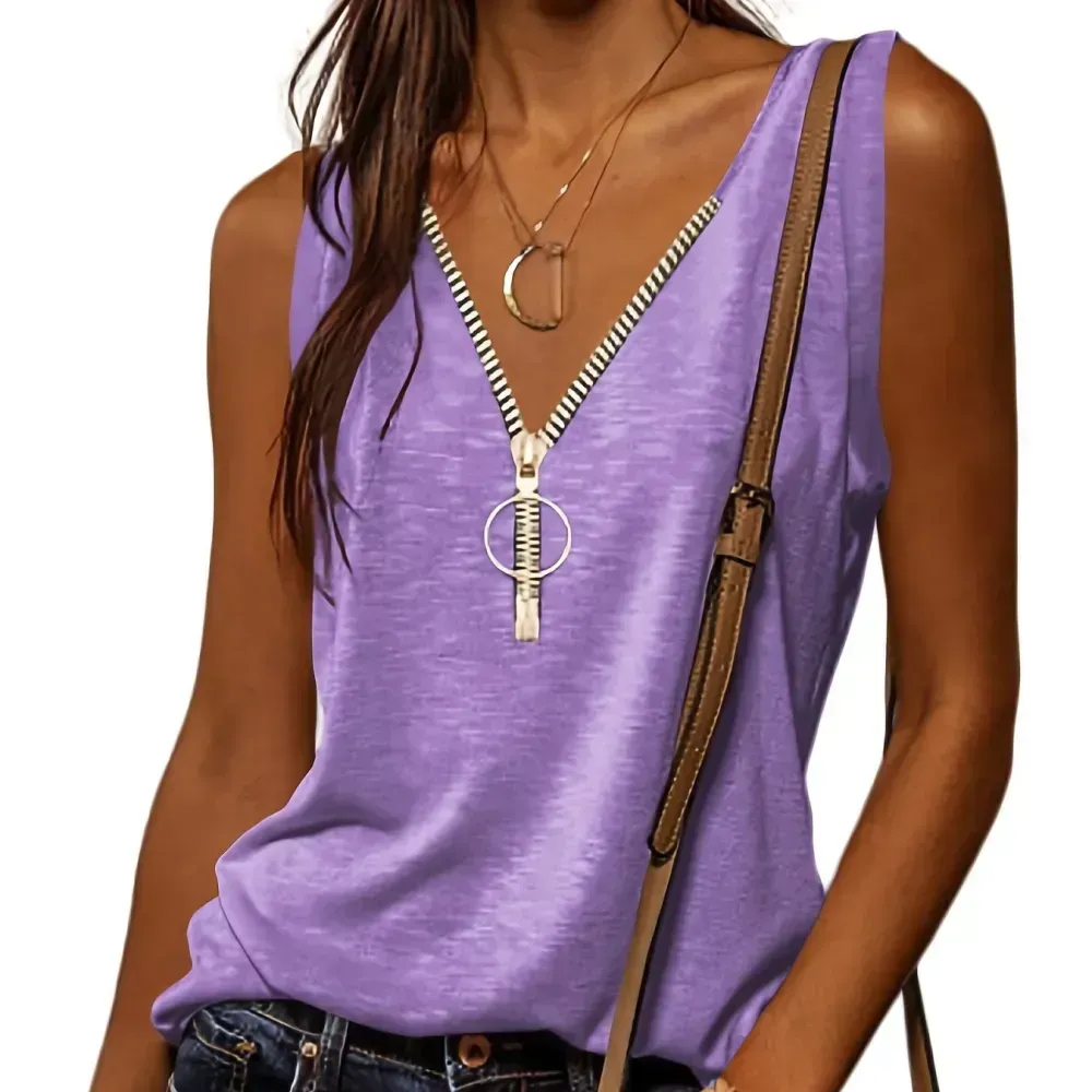 Casual V-neck Zipper Cami Top, Solid Fashion Sleeveless Loose Summer Fit Tank Top, Women's Clothing
