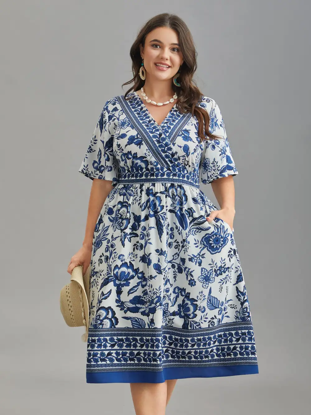 Floral Print Wrap-Neck Pocket Midi Dress