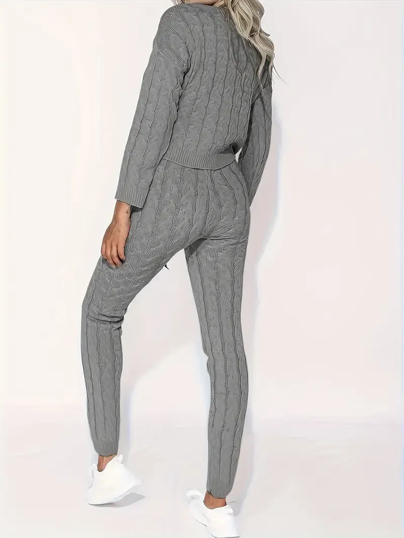Solid Knitted Matching Two-piece Set, Casual Long Sleeve Sweater & Pants Outfits, Women's Clothing