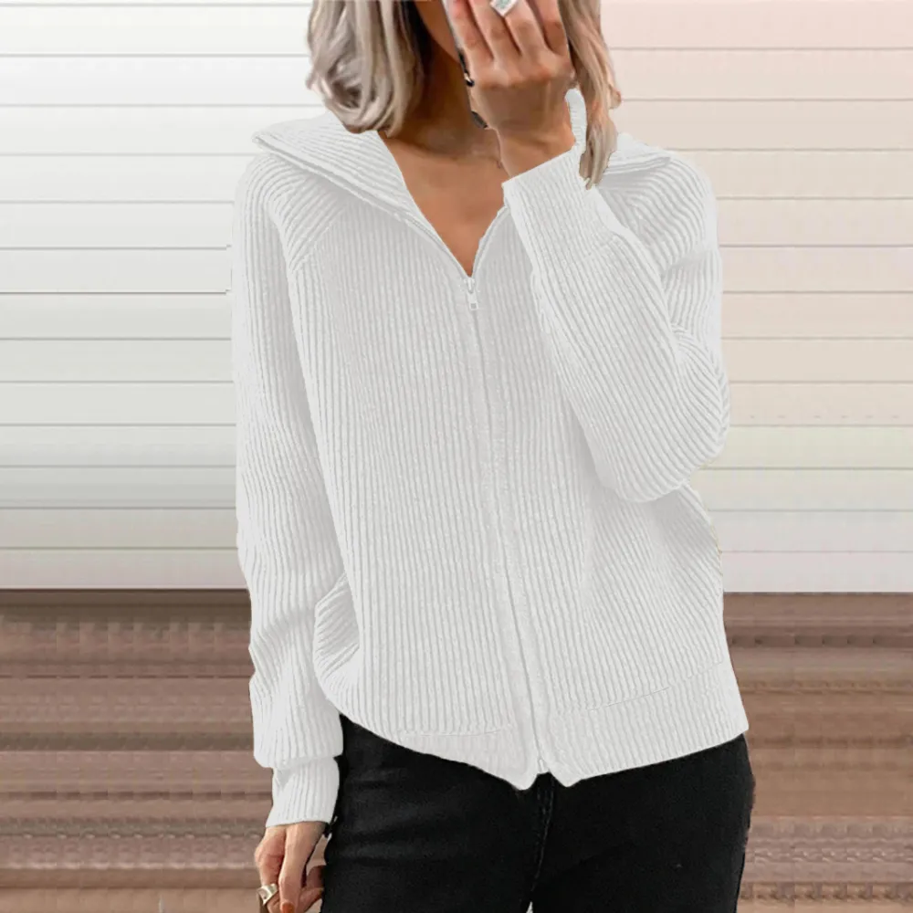 Fashionable Solid Color Loose Knit With Zipper Lapel Sweater
