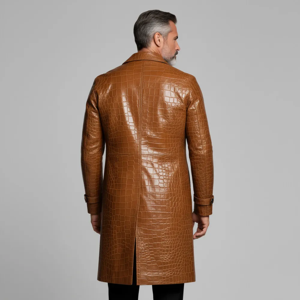 Men's Brown Shirt Collar Long Sleeve Button Crocodile Pattern PU Leather Trench Coat