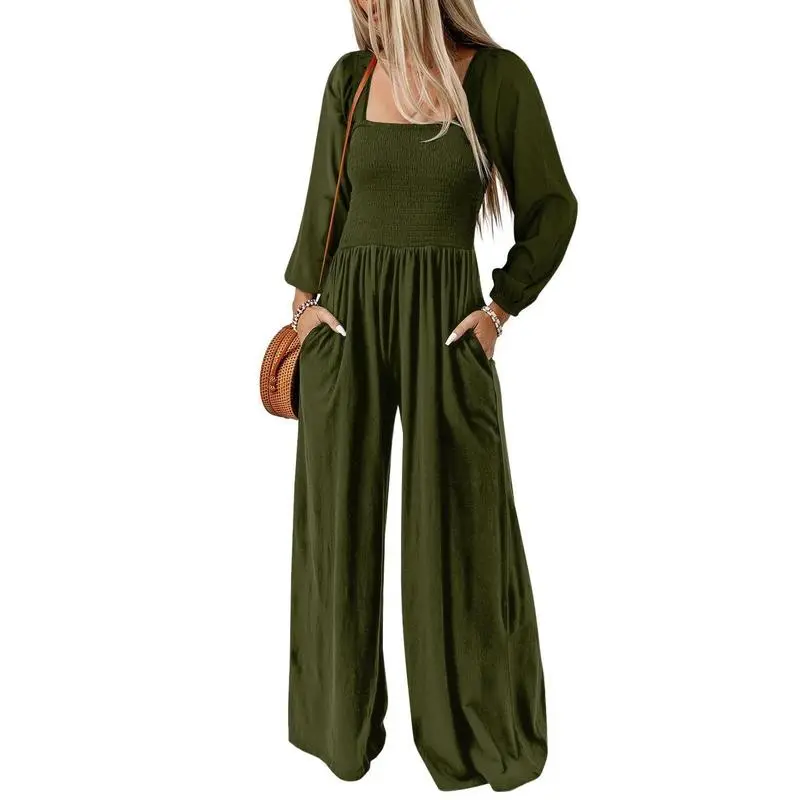 Women's Casual Loose Long Sleeve Wide Leg Jumpsuit with Pockets