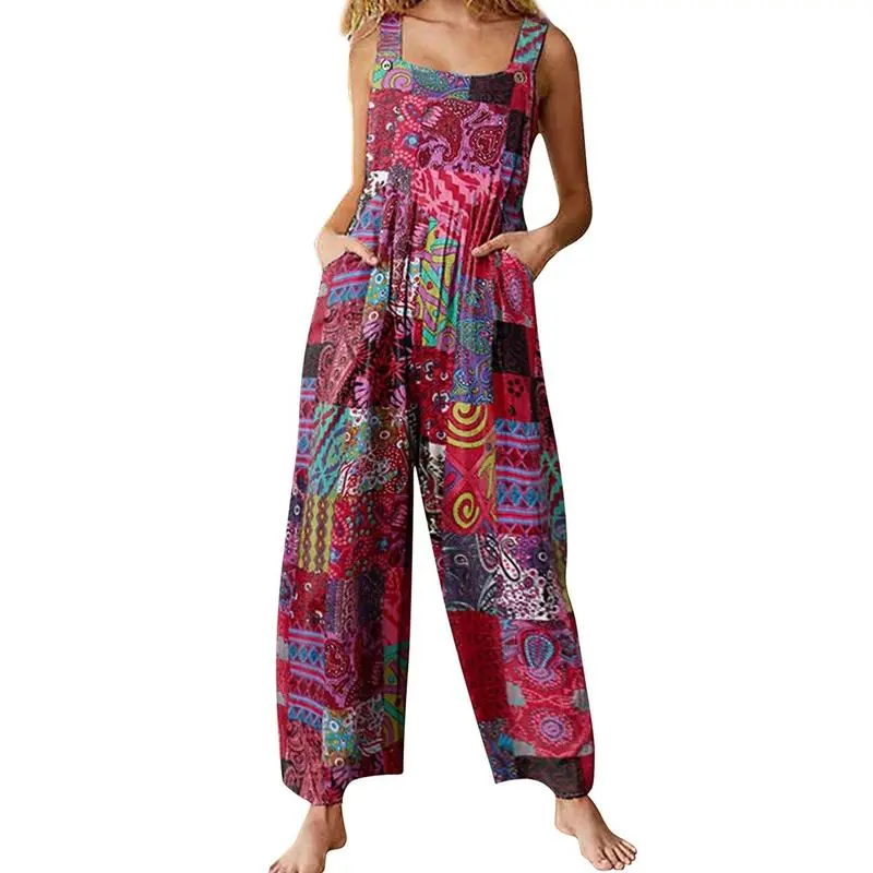 Women’s Boho Patchwork Jumpsuit-Floral Print, Dual Pockets, Wide-Leg Fit