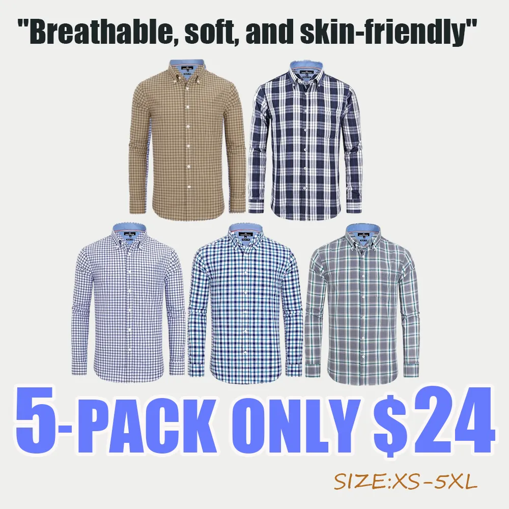 Men's Plaid Button Down Shirts Cotton Long Sleeve Dress Shirts Regular Fit Gingham Shirts Top Menswear
