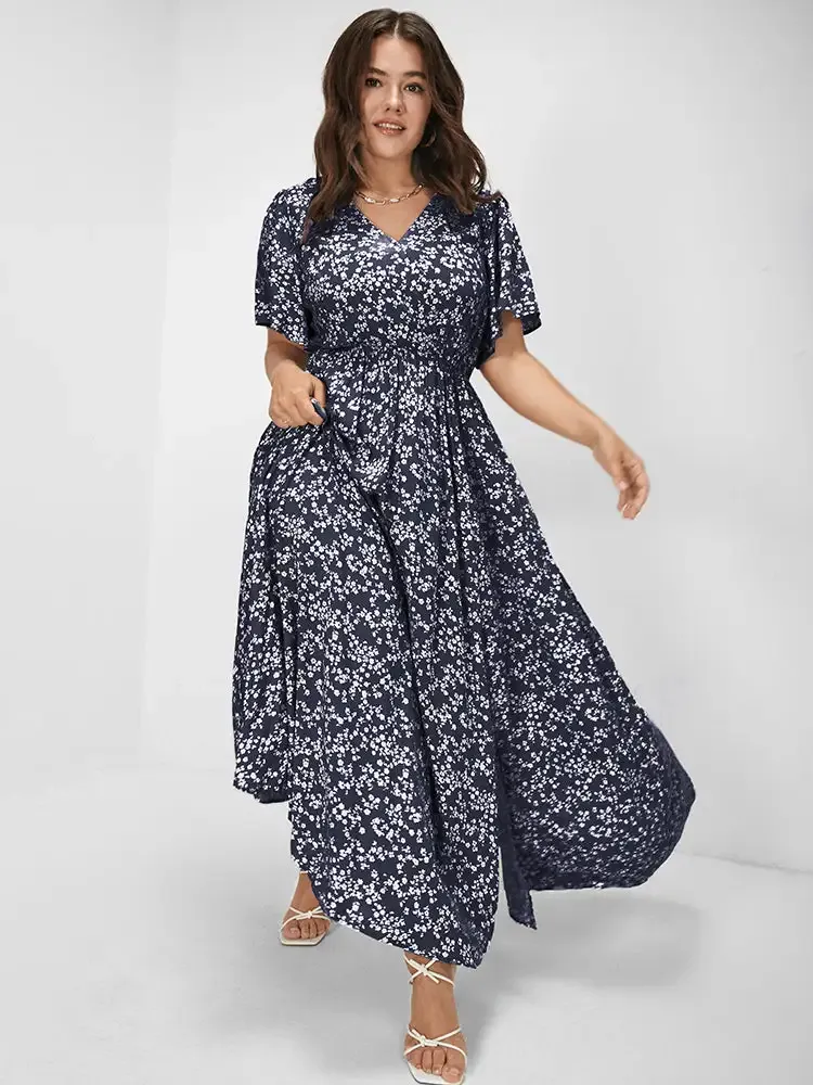 Bloom Dress - Flutter Sleeve Ditsy Floral Pocket Split Maxi Dress