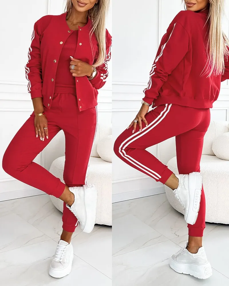 3 Piece Outfits Matching Sets Striped Tape Patch Tank Tops Button Front Jacket Cuffed Pants with Pockets Tracksuit
