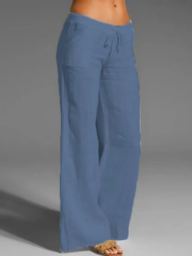Women's Wide Leg Chinos Cotton Linen Baggy Mid Waist Black Summer