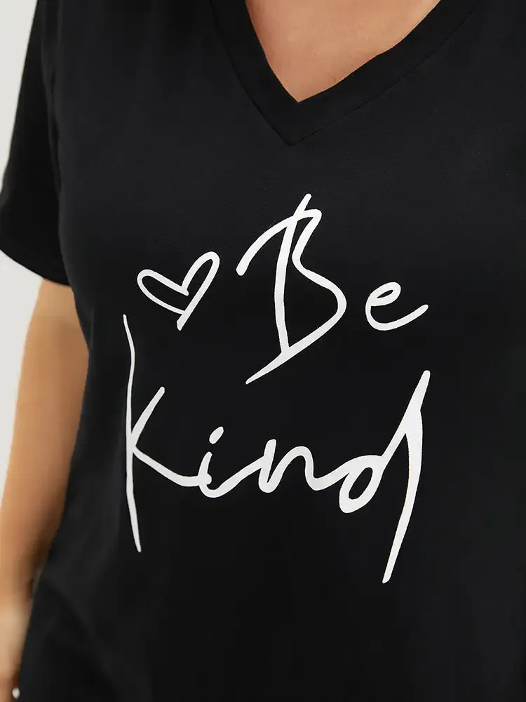 Letter & Heart Print V Neck T-shirt