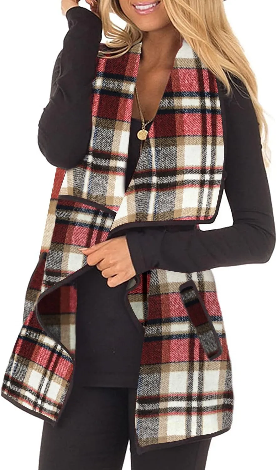 Womens Buffalo Plaid Vest Casual Lapel Open Front Sleeveless Cardigan Jacket Coat with Pockets