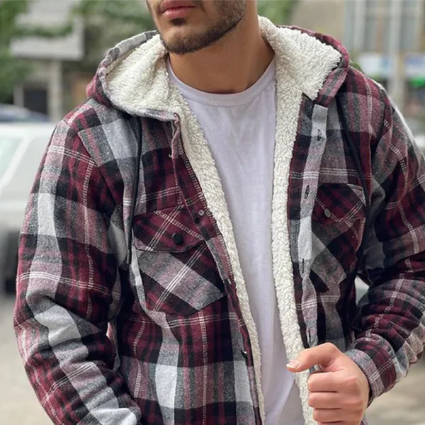 Men's Plaid Plus Velvet Padded Hooded Jacket