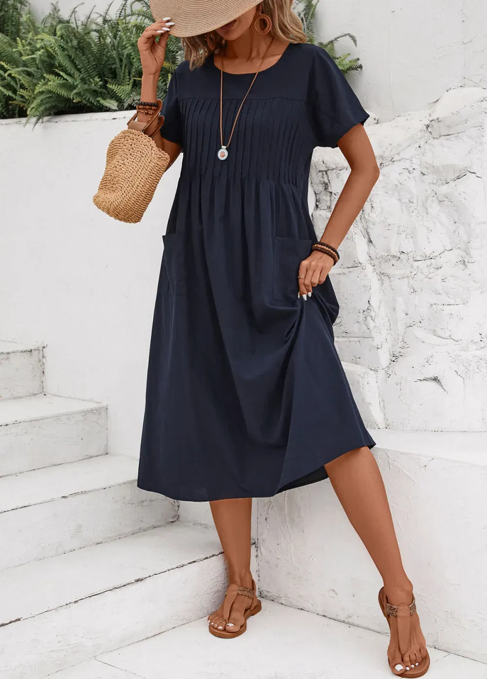 Navy Tuck Stitch Short Sleeve Round Neck Dress