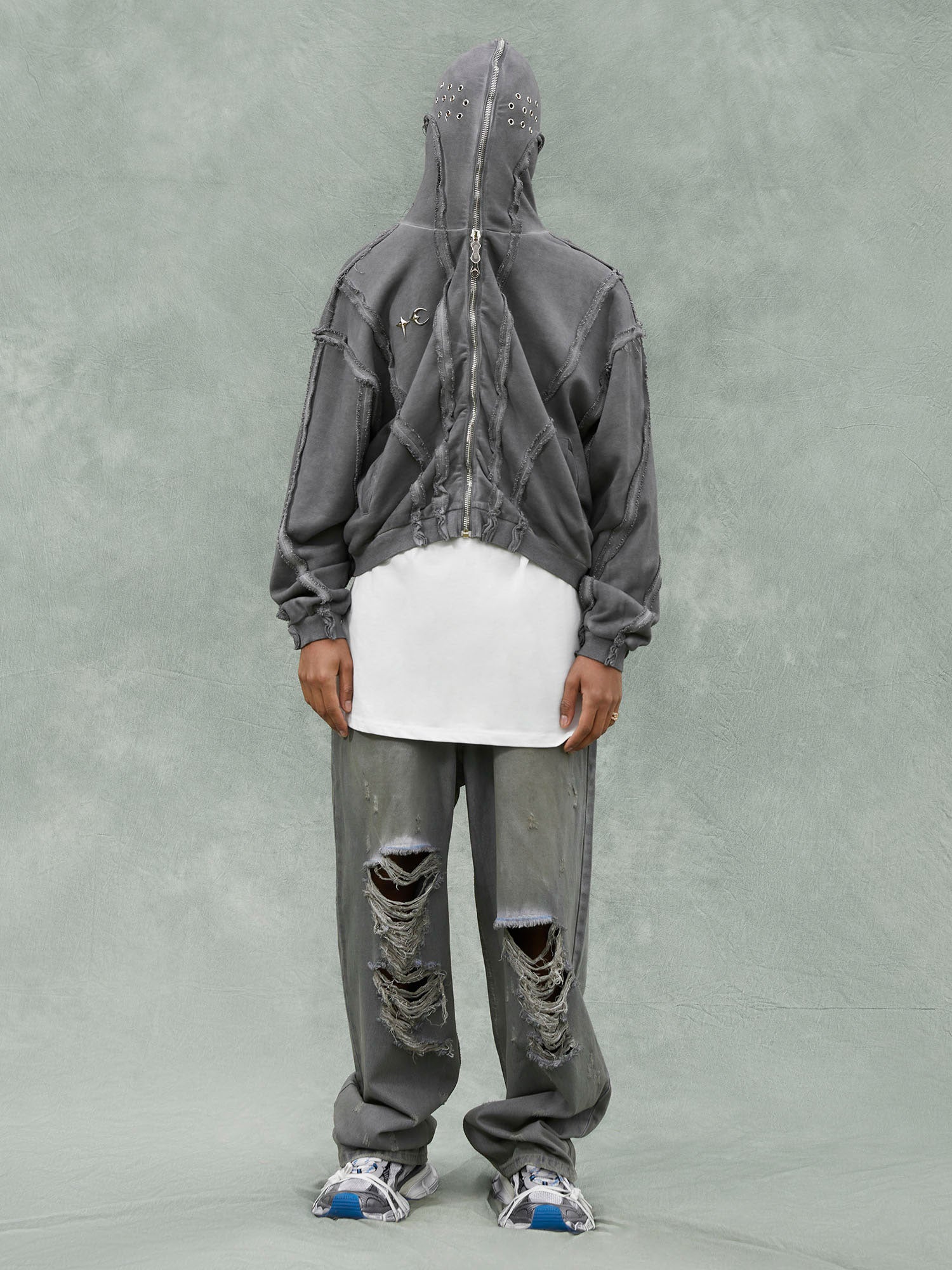Heavyweight Washed Distressed Full Zip Hoodie - 2057