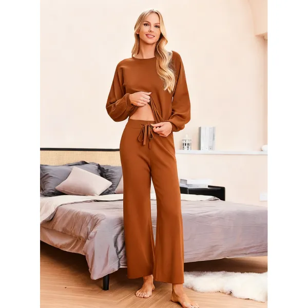 Womens Fall Winter Casual Solid Knitted 2 Piece Sets Long Sleeve Hoodie