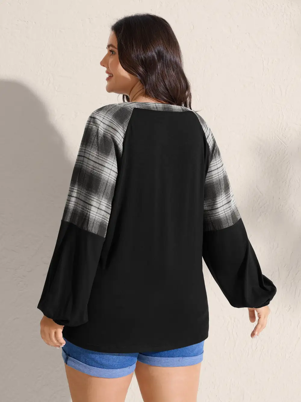 Stretchy Plaid Sleeve Split Neck T-Shirt