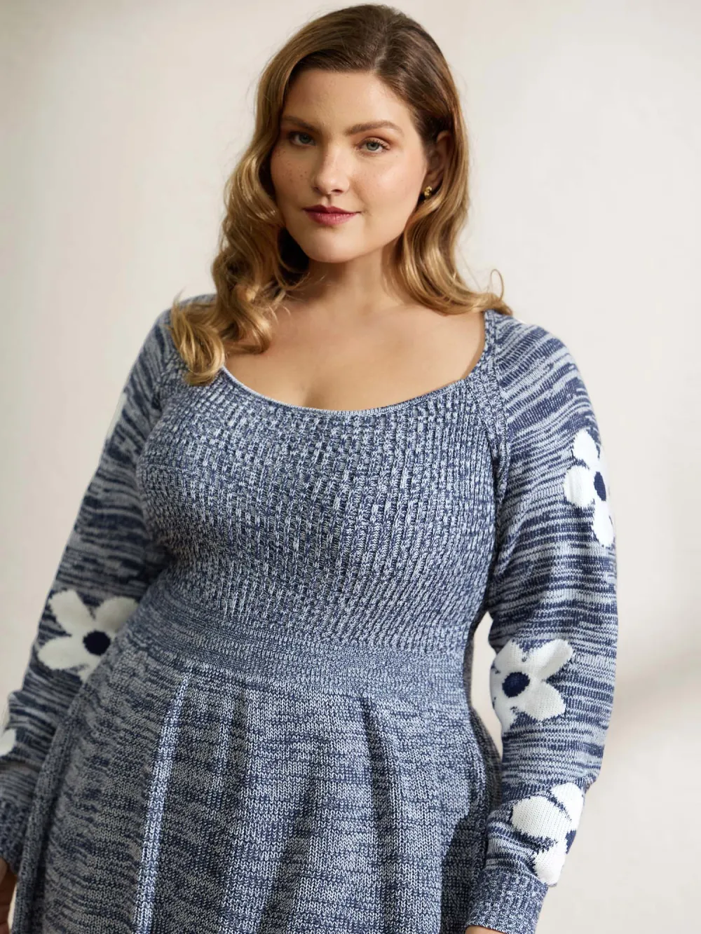 Floral Jacquard Print Mixed Yarn Knit Midi Dress