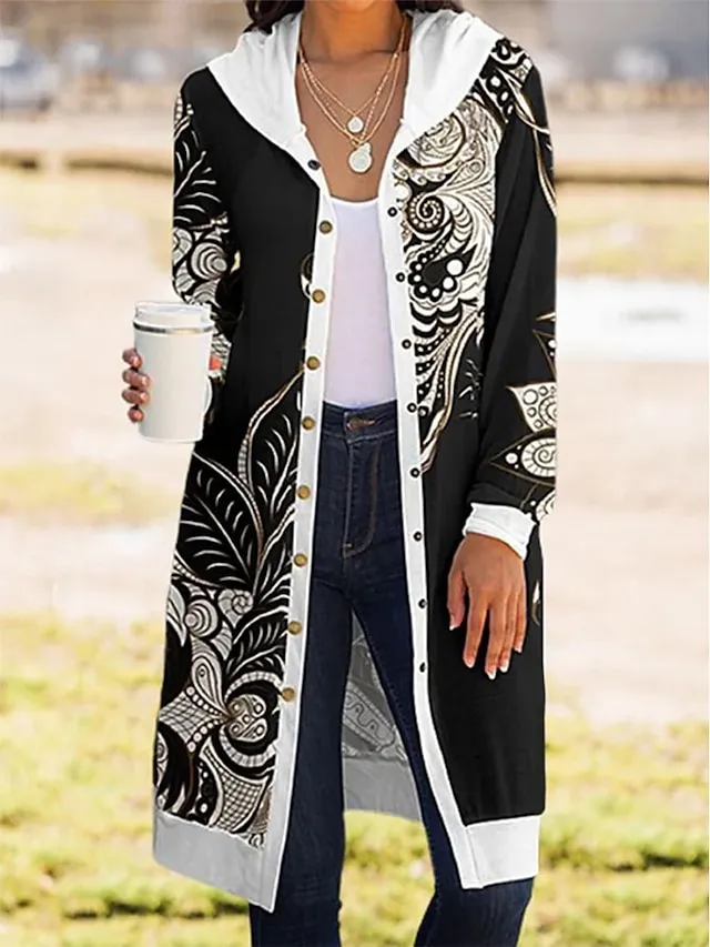 Women's Casual Jacket Hoodie Jacket Floral Print Wear Fall Winter Long Coat Regular Fit Windproof Breathable Casual Daily Street Style Jacket Long Sleeve with Pockets Party Street Daily Print Black