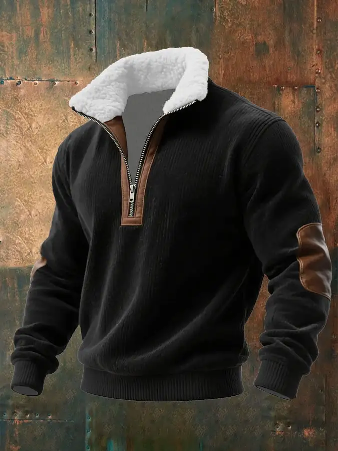 Men's Knitted Fabric Zipper Fur Collar Sweatshirt