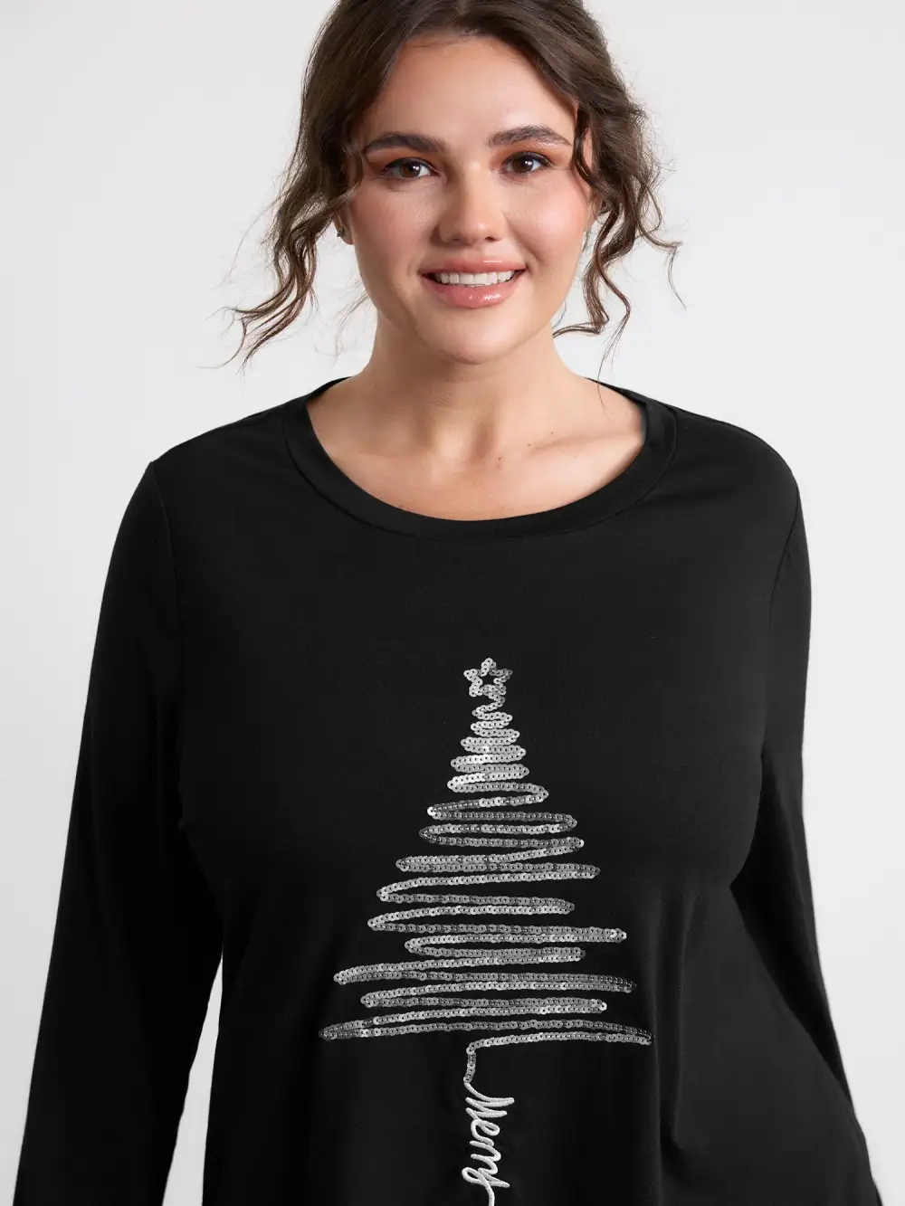 Sequin Cord Embroidered Tree Round Neck T-Shirt