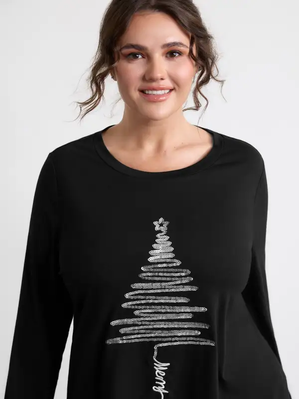 Sequin Cord Embroidered Tree Round Neck T-Shirt