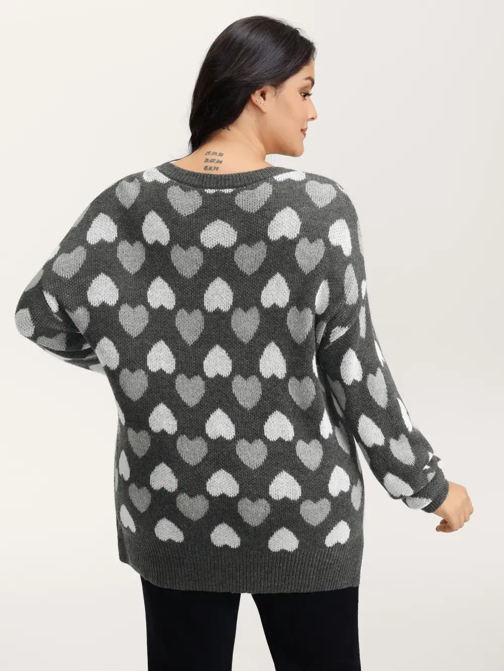 Monochrome Hearts Slit Round Neck Pullover