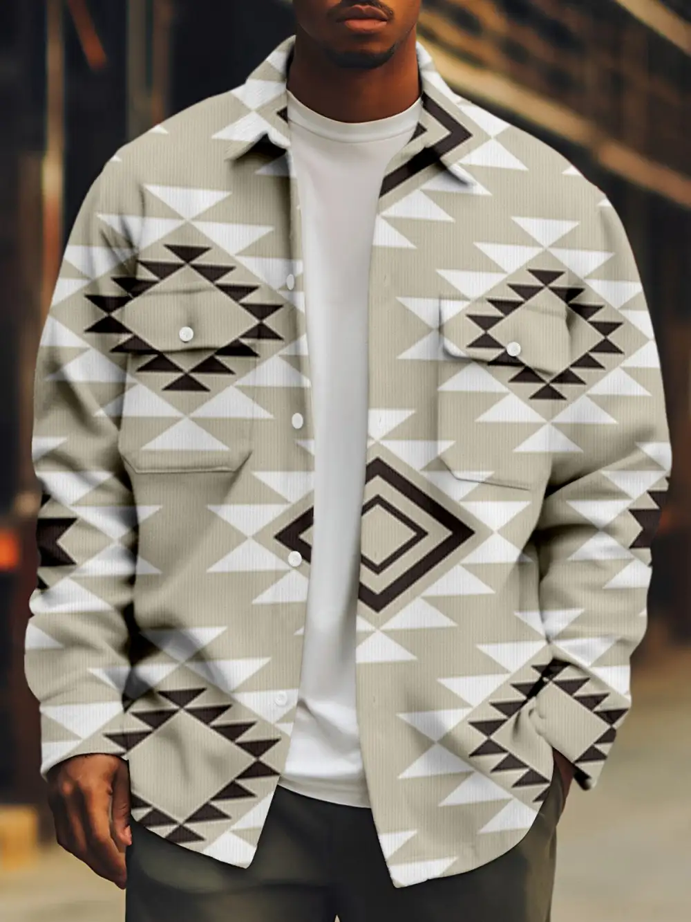 Men's Corduroy Geometric Retro Print Shirt Jacket