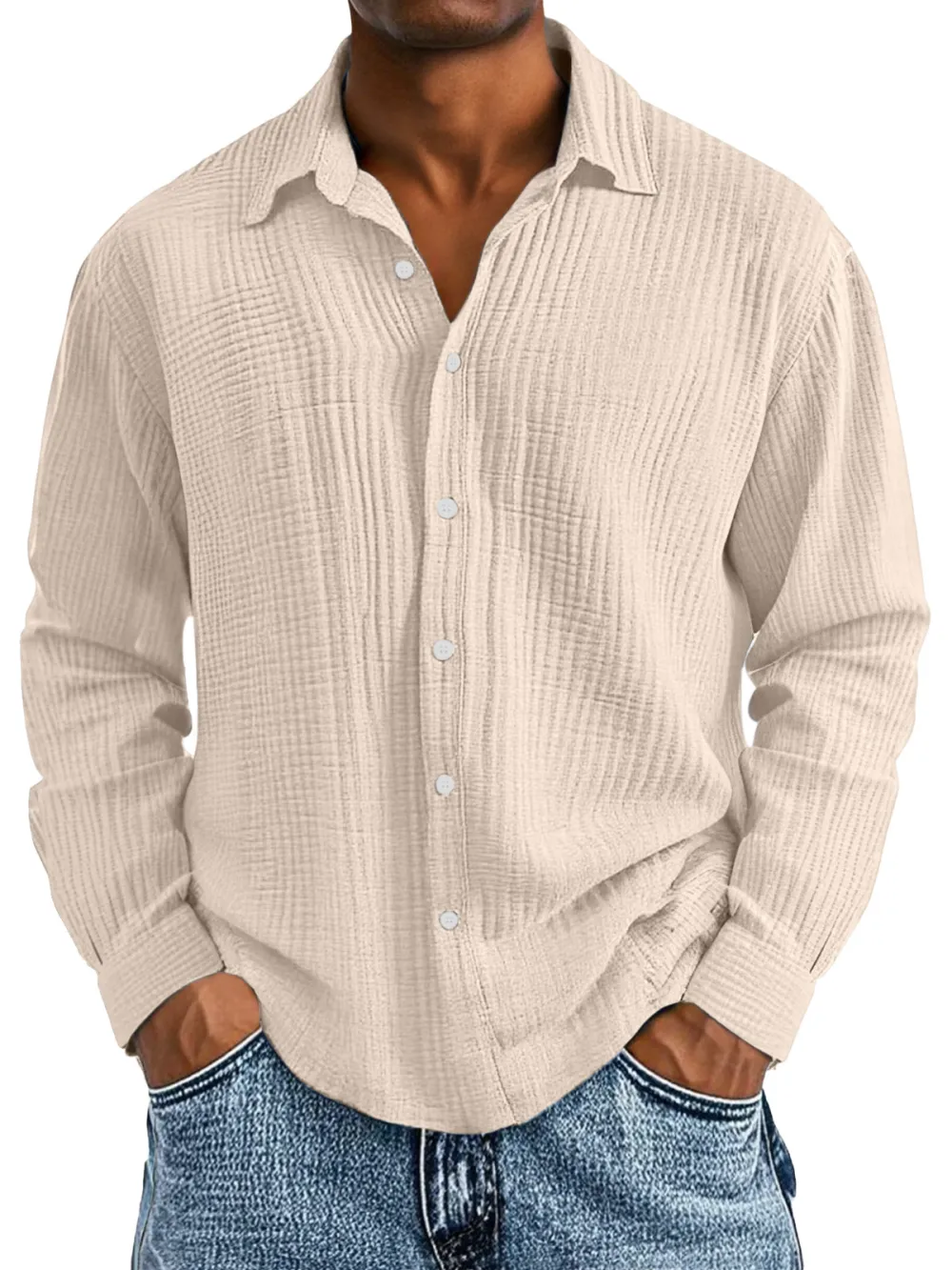 Men's Casual Cotton Pleated Solid Color Lapel Long Sleeve Shirt