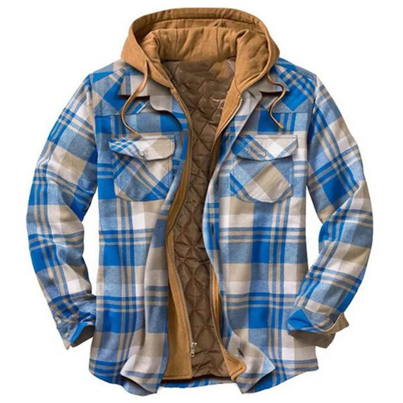 Mens Winter Plaid Thick Casual Hoodie Jacket