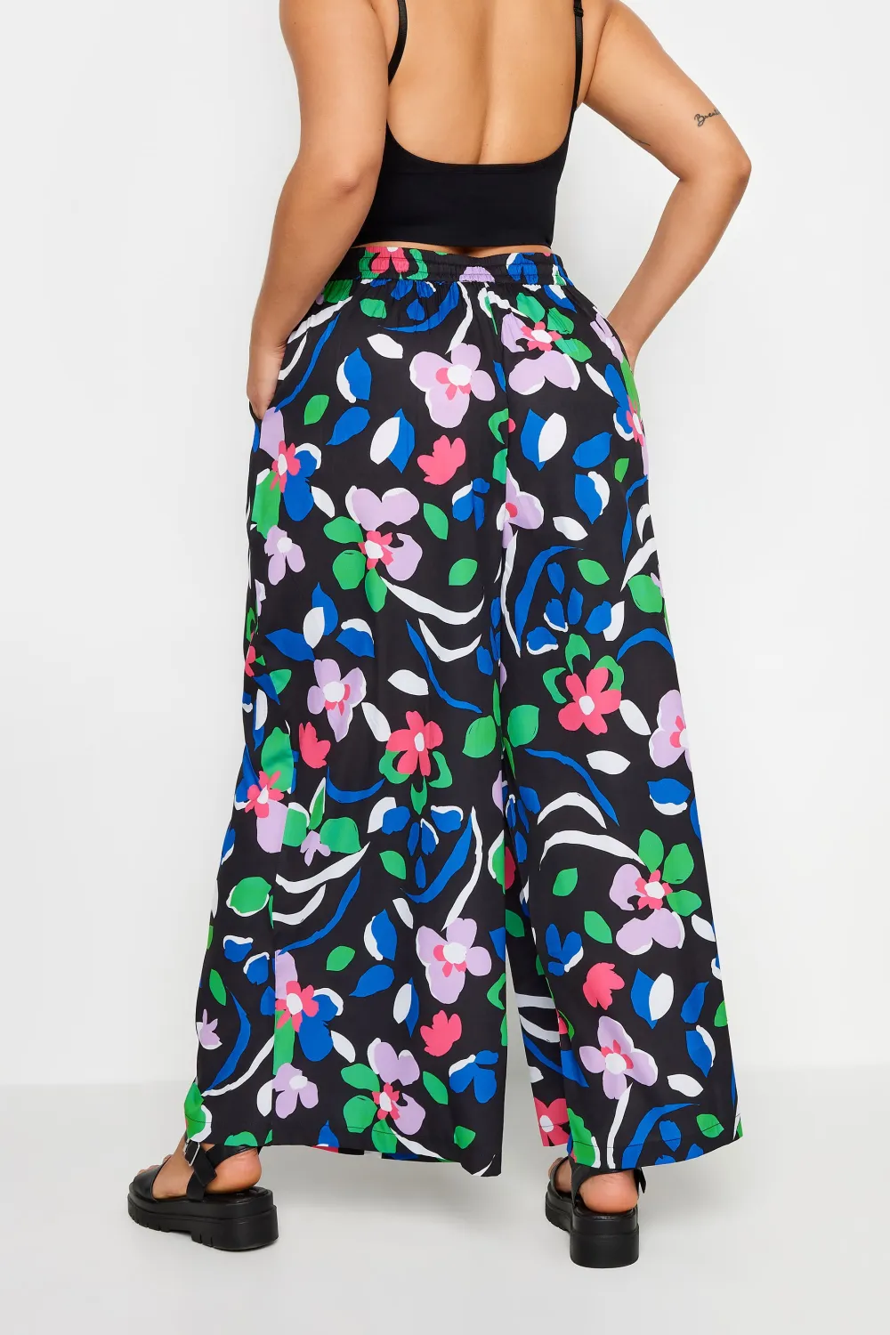 YOURS Curve Blue Abstract Print Drawstring Wide Leg Trousers