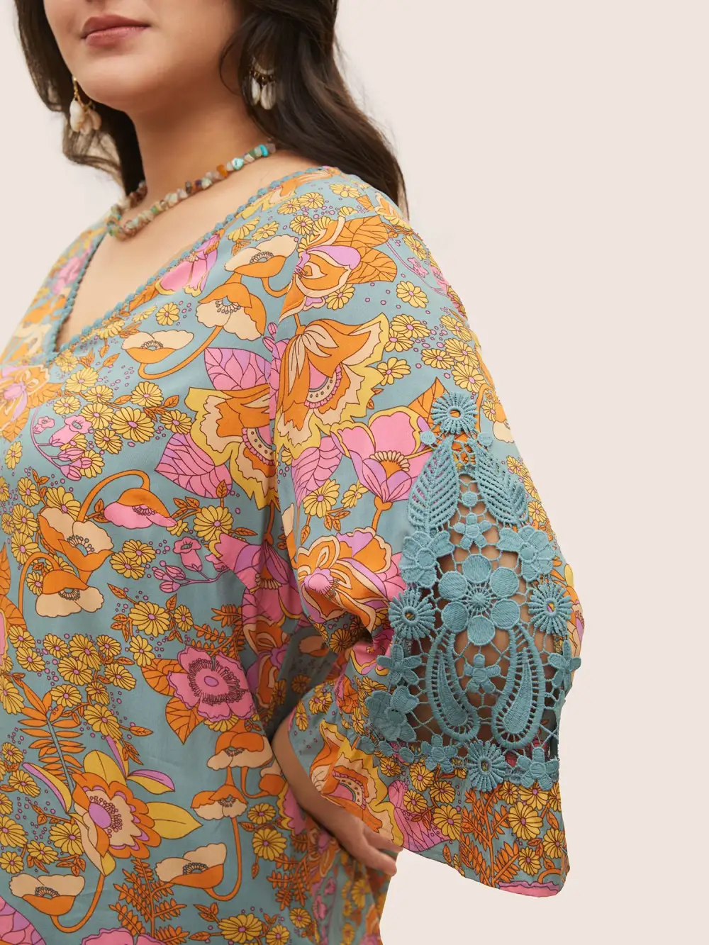 Boho Print Guipure Lace Ruffles Blouse