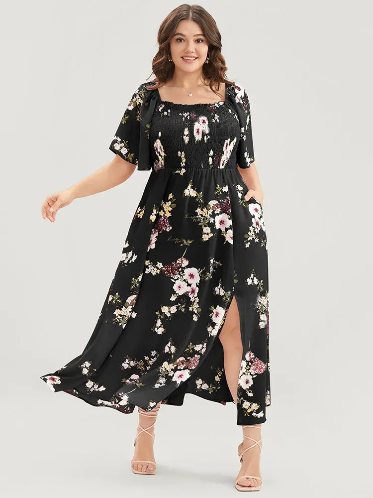 Floral Square Neck Ruffles Pocket Shirred Split Dress