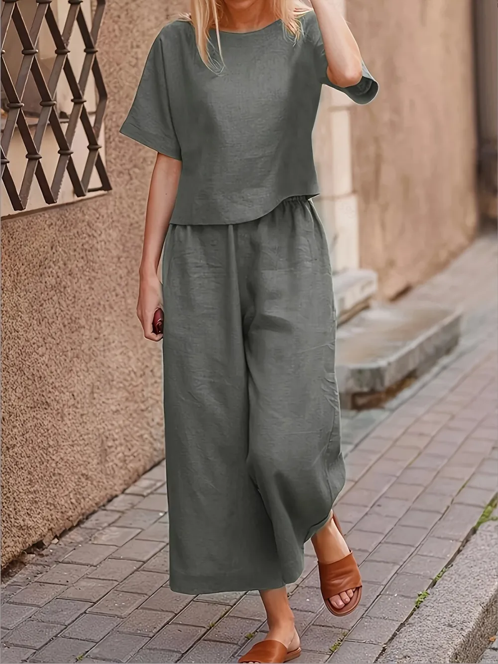 Two-piece Set, Solid Crew Neck Casual T-Shirt & Wide Leg Pants