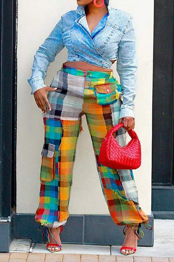 Colorful Checked Multi-Pocket Ankle-Tied Pants