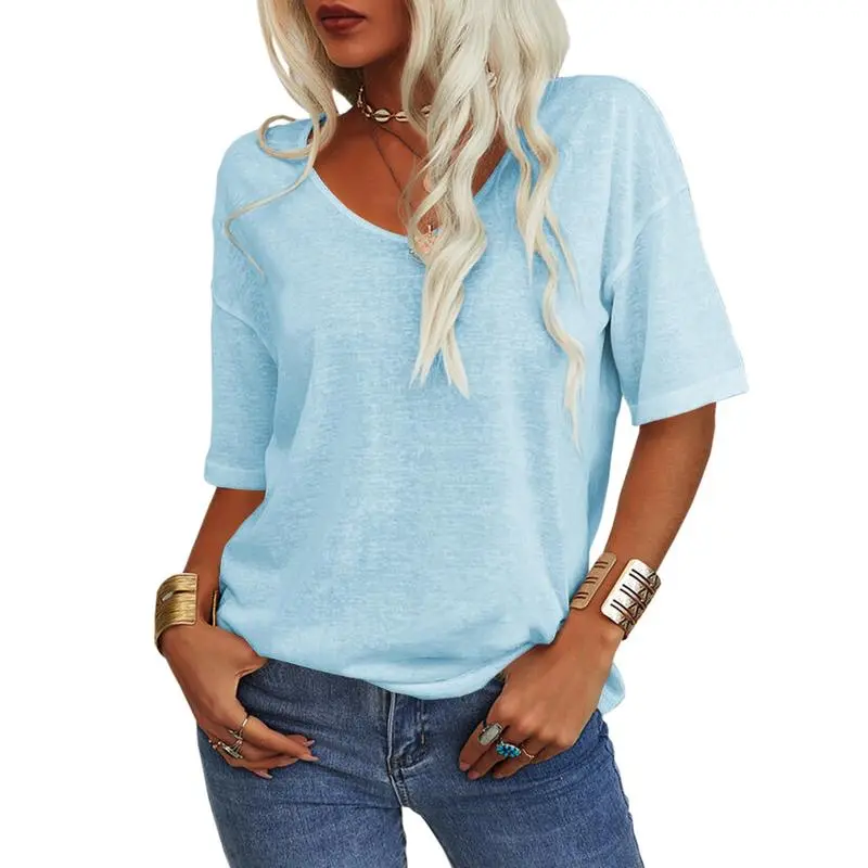 Women’s V-Neck Cotton T-Shirt – Solid Color, Lightweight Half Sleeve Casual Top for Summer & Fall