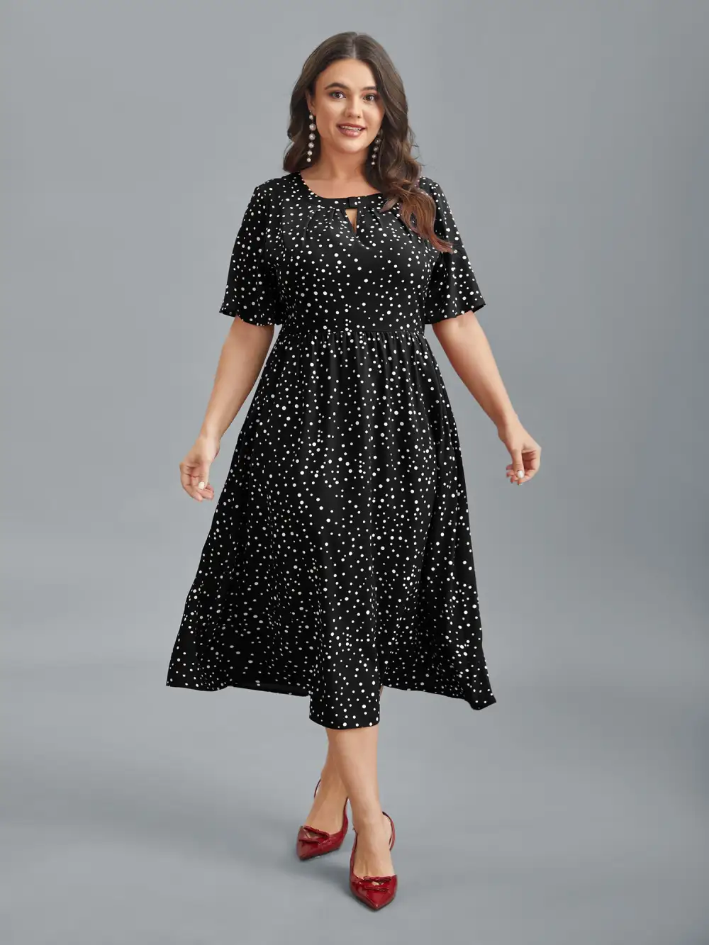 Polka Dots Print Cut-Out Flutter Sleeve Midi Dress