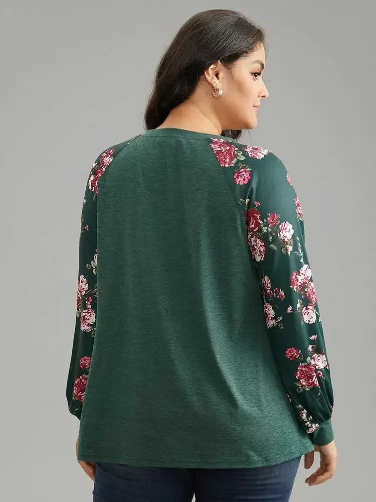 Floral Patchwork Crew Neck Raglan Sleeve T-Shirt