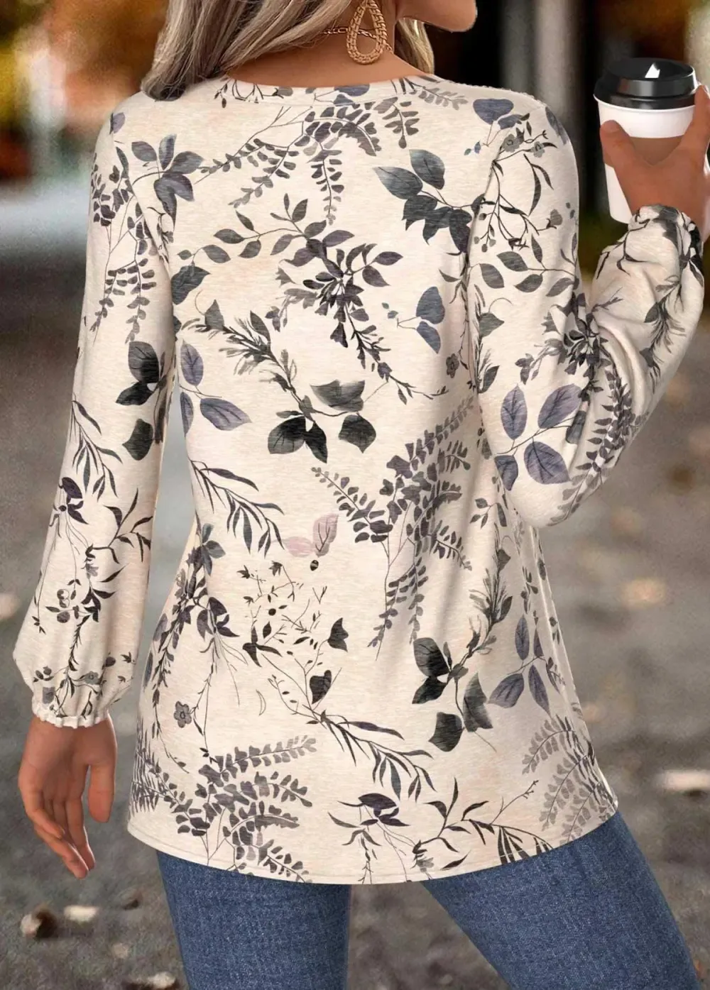 Beige Peplum Leaf Print Long Sleeve Split Neck Blouse
