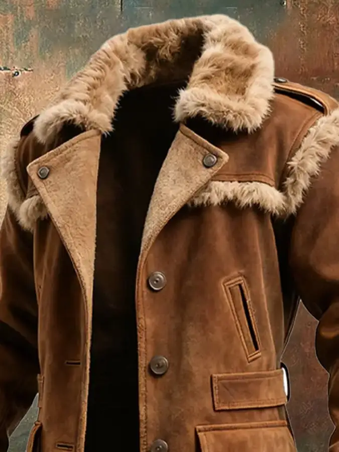 Men's Vintage Brown Shearling Coat With Fur Collar