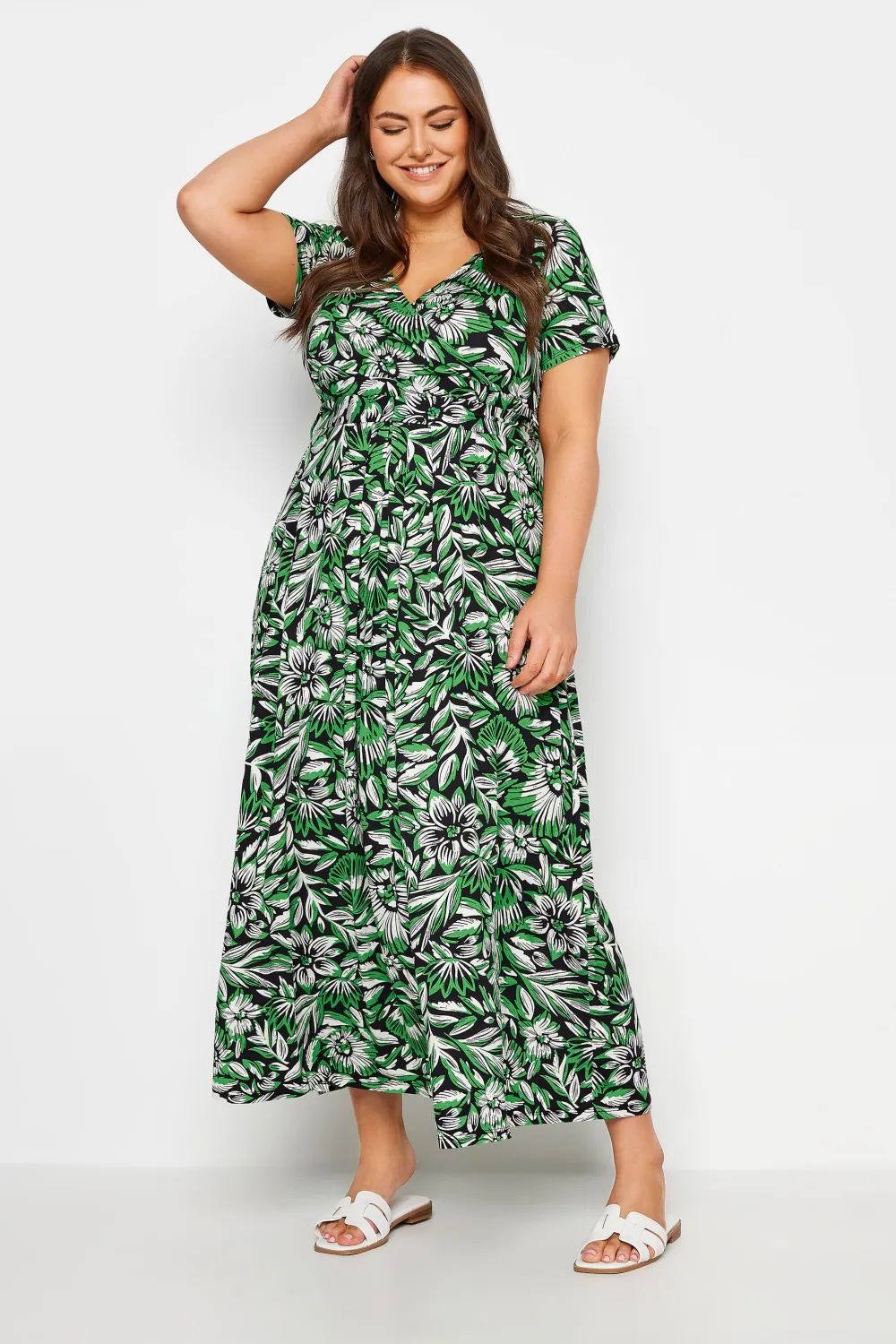 YOURS Curve Black Leaf Print Tiered Maxi Dress