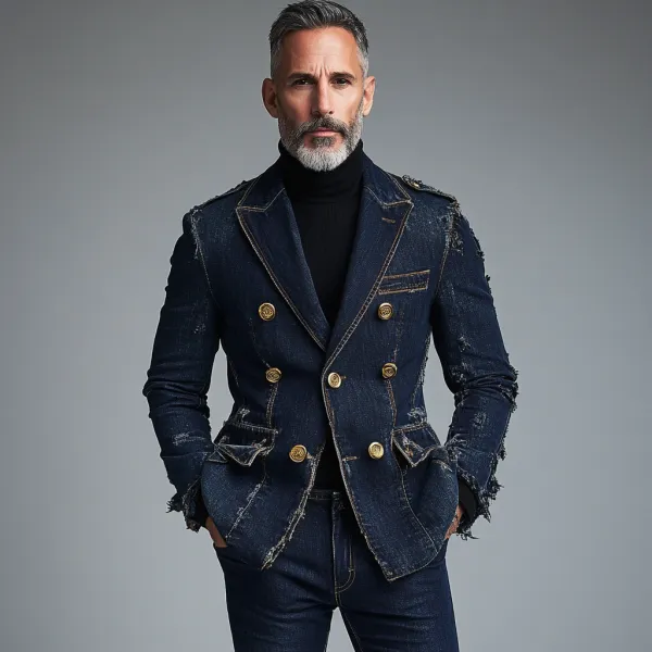 Men's Daily Denim Raw Edge Peaked Lapel Triple Breasted Blazer