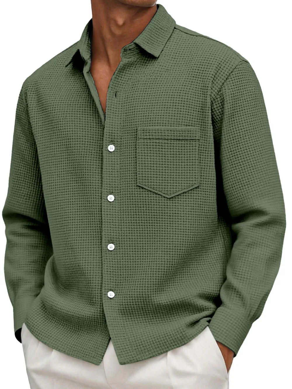 Men's Casual Solid Color Waffle Long Sleeve Shirt With Pockets