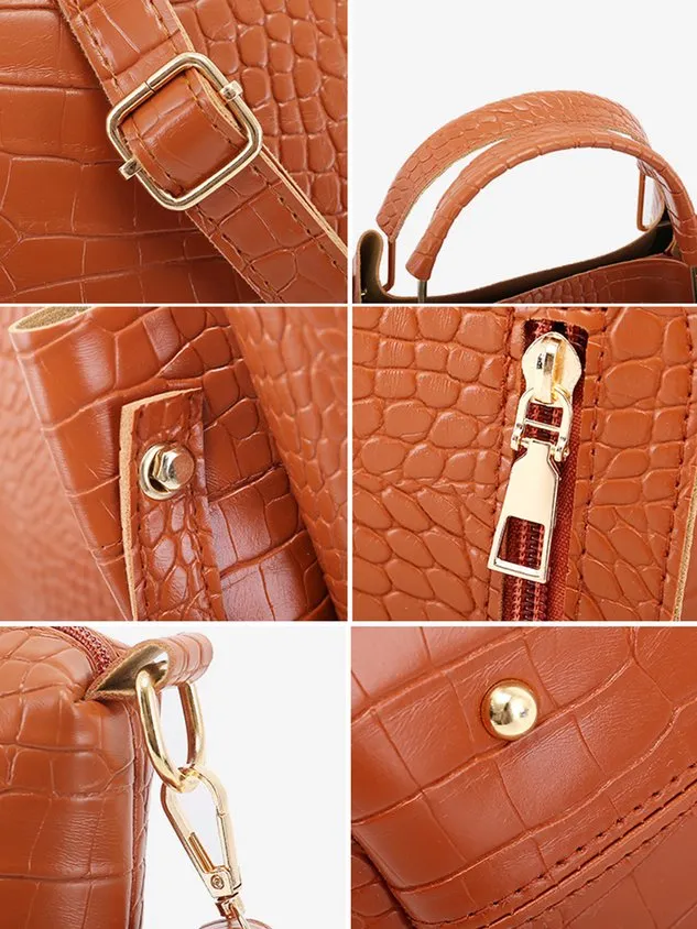 4pcs/set Large Capacity Crocodile Embossed Handbag Commuting Tote Bag with Crossbody Strap
